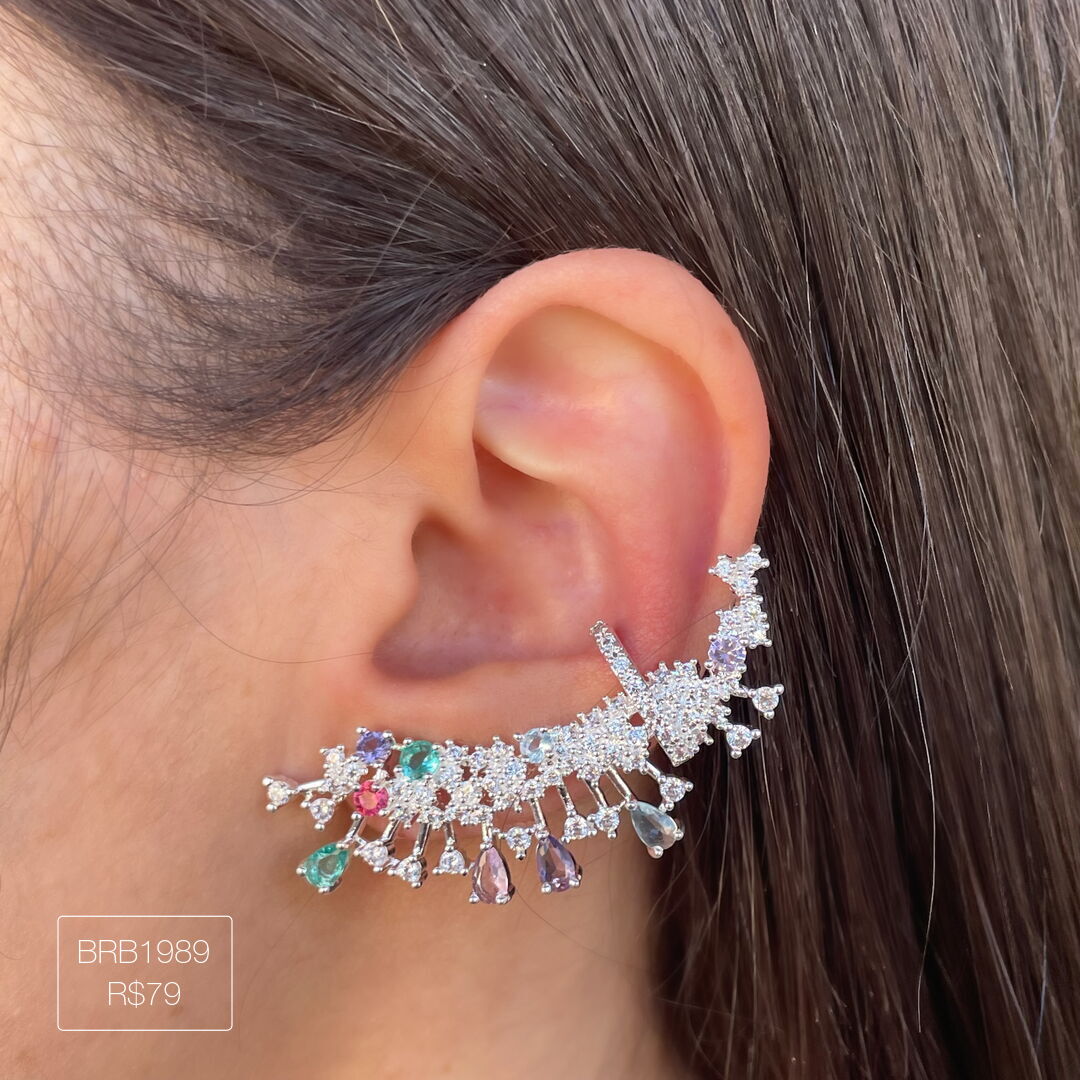 Brinco Ear Cuff Luxo c/ Gotas e Reds Rainbow Cravejado Cristal Prateado